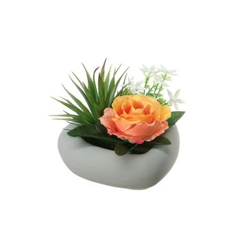 Umělé květinové aranžmá růže, agave BEVIS, dekorační květináč, oranžovo-lososově-bílá, 14cm, Ø18cm