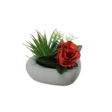 Umělé květinové aranžmá růže, agave BEVIS, dekorační květináč, červeno-bílá, 14cm, Ø18cm