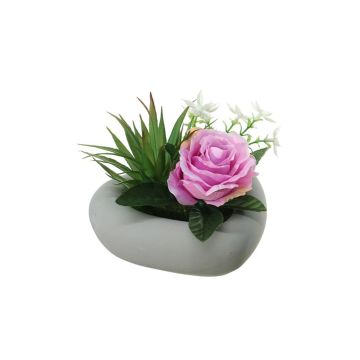 Umělé květinové aranžmá růže, agave BEVIS, dekorační květináč, lila-bílá, 14cm, Ø18cm