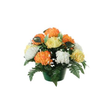 Umělé květinové aranžmá chryzantéma, dětský dech YASAR, dekorační květináč oranžovo-žluto-krémová, 25cm, Ø30cm