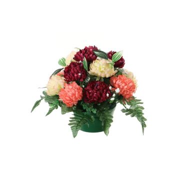 Umělé květinové aranžmá chryzantéma, dětský dech YASAR, dekorativní květináč, vínově-lososovo-krémová, 25cm, Ø30cm