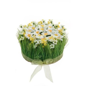 Umělé květinové aranžmá narcisy, tráva HAULANI, bílo-žlutá, 12cm, Ø20cm