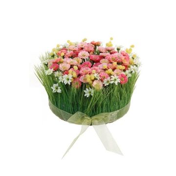 Umělé květinové aranžmá sedmikrásky, tráva HAULANI, růžovo-bílá, 12cm, Ø20cm