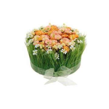Umělé květinové aranžmá sedmikrásky, tráva HAULANI, oranžovo-bílá, 12cm, Ø20cm