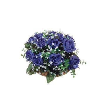 Umělé květinové aranžmá růže, dětský dech GISLA na talíři, modro-bílá, 17cm, Ø28cm