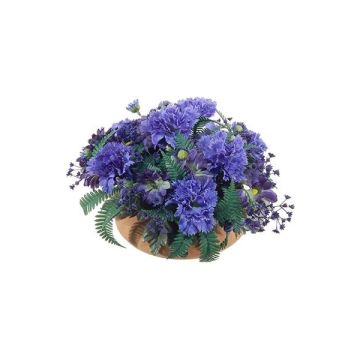 Umělé květinové aranžmá karafiáty, sedmikrásky IAKOBA na talíři, modrá, 17cm, Ø28cm
