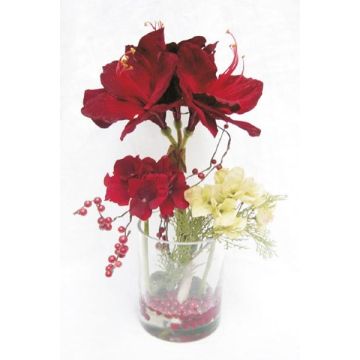 Umělé květinové aranžmá amarylis, hortenzie TASHI, dekorační sklo, červeno-krémová, 40cm, Ø23cm