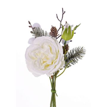 Textilní kytice růží FANNI, se šiškami, zasněžená, bílá, 30cm, Ø15cm