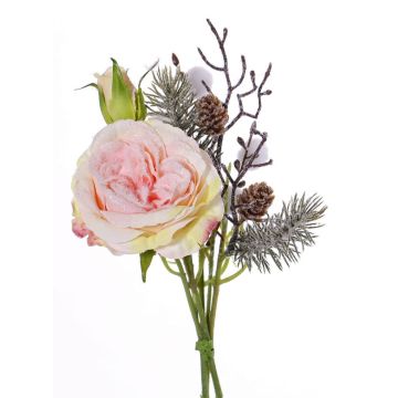 Textilní kytice růží FANNI, se šiškami, zasněžená, růžová, 30cm, Ø15cm