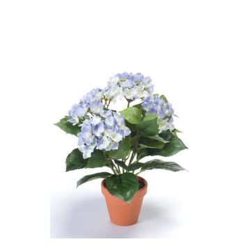 Textilní květina hortenzie LAIDA v hliněném květináči, světle modrá, 35cm