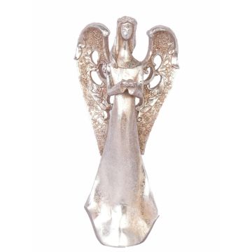 Figurka anděla PINTA, podávající květiny, stříbrno-měděná, 30cm