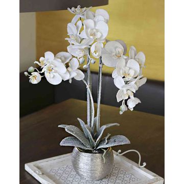 Umělá orchidej Phalaenopsis KAREN, dekorativní květináč, zmrzlá, bílá, 60cm