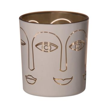 Sklenice na čajovou svíčku LEOLINE s obličeji, bílo-zlatá, 8cm, Ø7cm