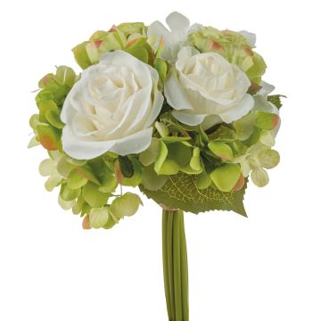 Umělá kytice FOUDILA, růže, hortenzie, krémově zelená, 25cm