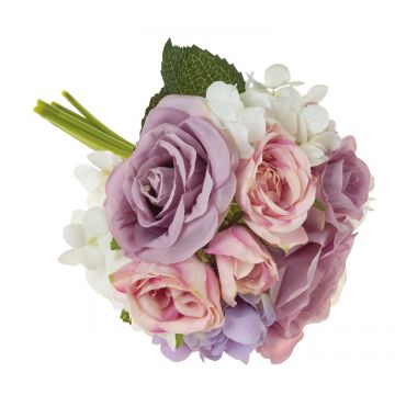 Umělá kytice FOUDILA, růže, hortenzie, růžovo-fialová, 25cm