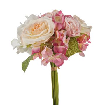 Umělá kytice FOUDILA, růže, hortenzie, krémově růžová, 25cm