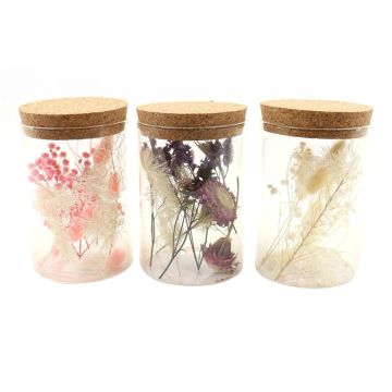 Sada sušených květin ve skle FELICITY, 3 kusy, růžovo-fialovo-bílá, 13cm, Ø8cm