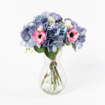 Umělá kytice hortenzie PENELOPE sasanka, modro-bílá, 30cm, Ø20cm