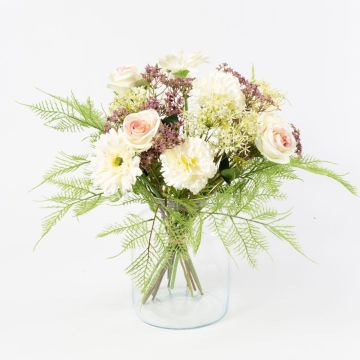 Umělá kytice gerber MALIA růže, hvozdík, bílo-fialová, 40cm, Ø30cm