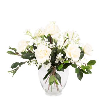 Textilní kytice růží AMELIE, šater, bílá, 45cm, Ø40cm