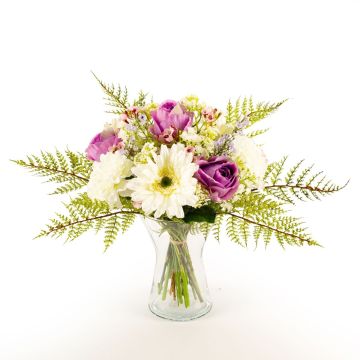 Umělá kytice gerber MALIA růže, hvozdík, bílo-fialová, 40cm, Ø30cm