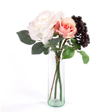 Umělá kytice růží QUINZY, s bobulemi, růžová, 30cm, Ø15cm