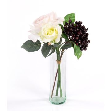 Umělá kytice růží QUINZY, s bobulemi, růžovo-bílá, 30cm, Ø15cm