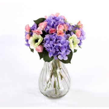 Umělá kytice hortenzie PENELOPE sasanka, fialovo-bílá, 30cm, Ø20cm